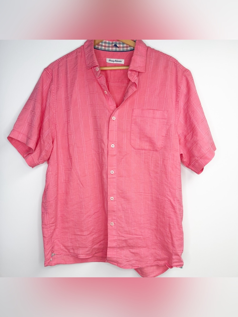 Tommy Bahama Short-Sleeve Pink Coral Button-Up Linen Blend Shirt Large